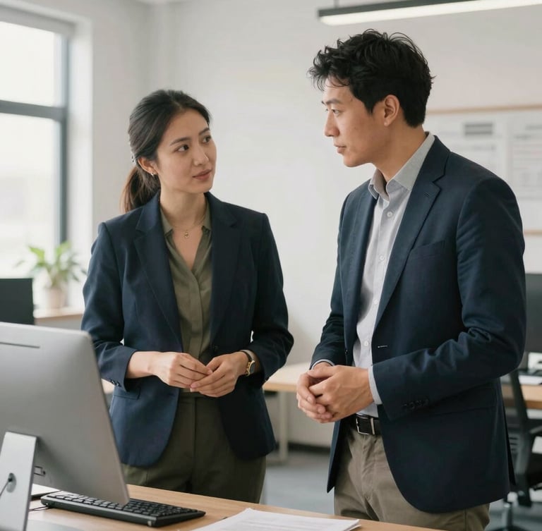 Portrait orientation, 35mm style. Two professional advisors collaborating with a local manager in a bright, modern logistics office, natural light, muted navy and olive tones, depth of field.