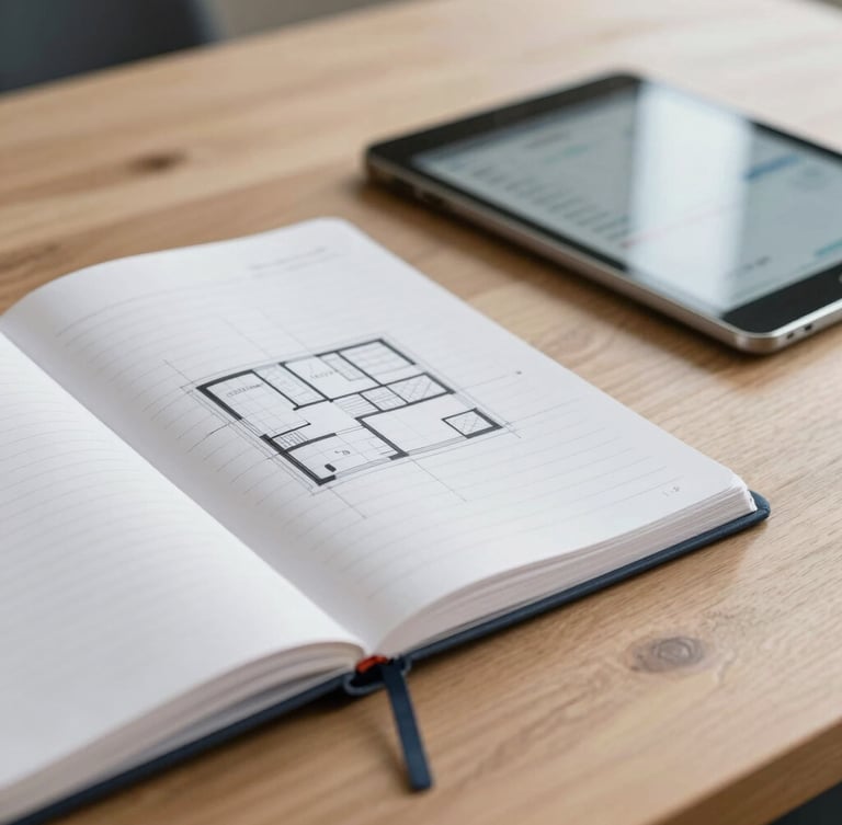Close-up of a wooden desk with a notebook, a structured architectural blueprint, and a modern tablet displaying data, soft natural office light, professional 35mm style