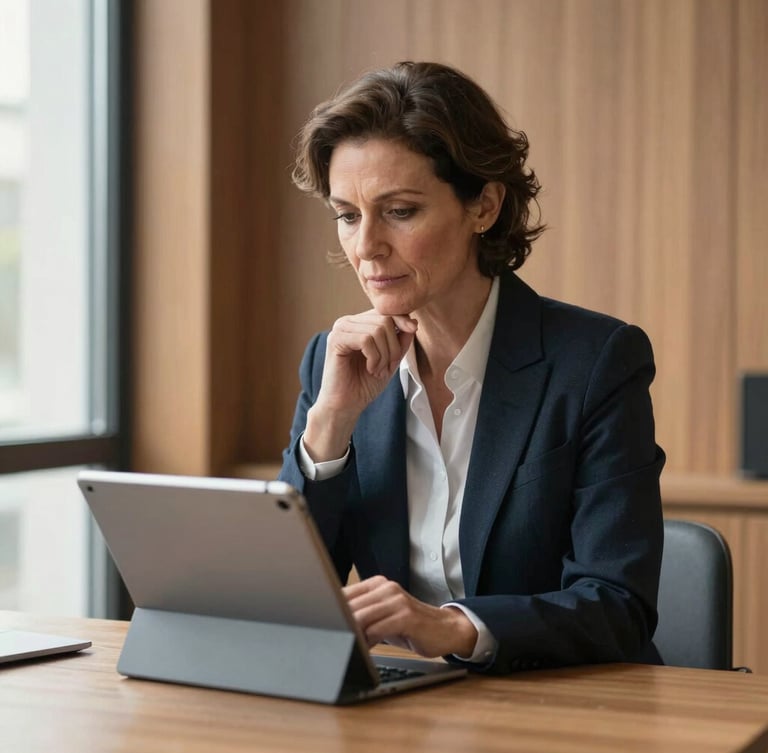 A professional portrait of an elegant, mature business director looking thoughtfully at a modern tablet screen in a warm, wood-paneled office in Madrid, soft natural light from a side window, editorial corporate photography style.