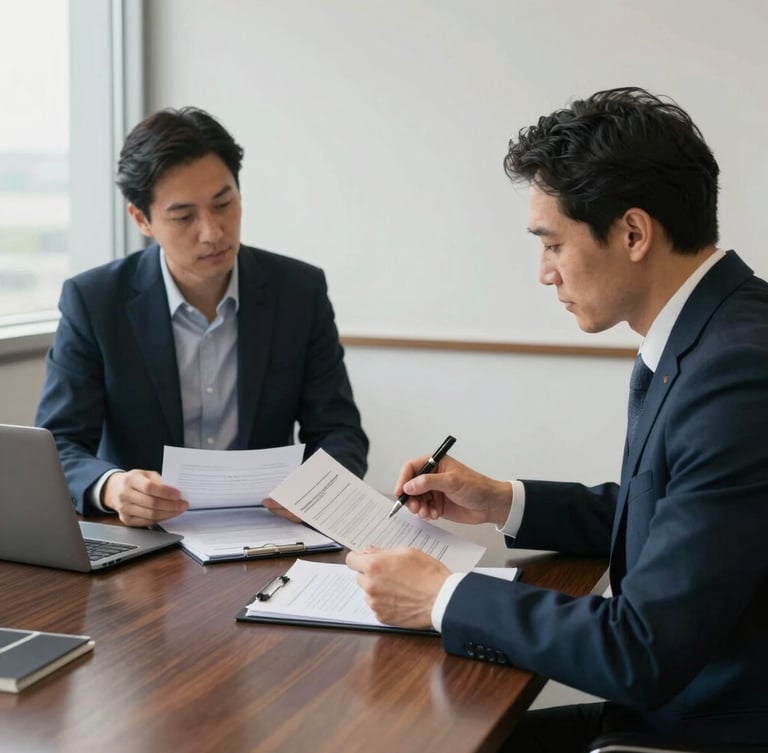 A professional meeting room with natural light, two business partners reviewing structured documents on a dark oak table, muted navy tones, professional 35mm style