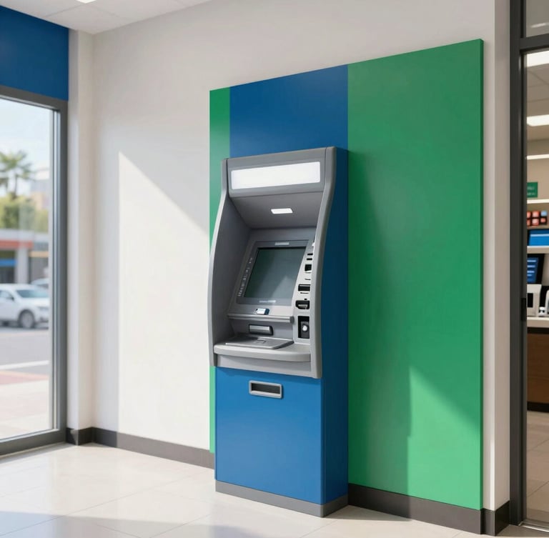 Medium-wide environmental shot of a modern retail space with a secure ATM installation, bright natural daylight, clean commercial interior, 35mm lens