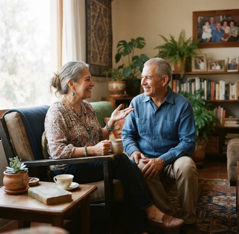 Warm editorial photography, medium shot of a smiling retired Mexican couple in their 60s sitting in their sunlit living room, talking contentedly, soft window light, shallow depth of field, 35mm
