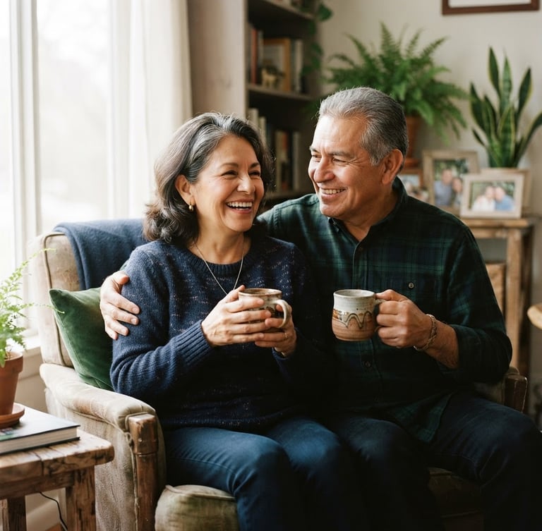 Warm editorial portrait of a smiling retired Mexican couple in their early 60s sitting in a bright, sunlit living room, holding ceramic coffee cups, looking happy and relaxed, soft focus, shallow depth of field, 35mm photography.