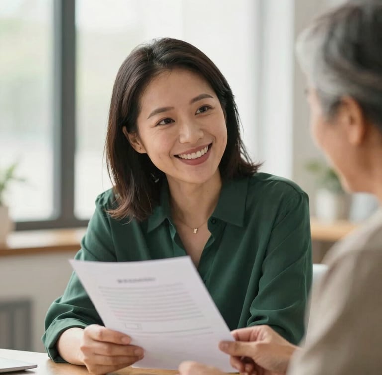 Warm editorial photography, close-up of a friendly female advisor in her 40s smiling warmly and explaining a document to an older adult, soft natural light, shallow depth of field, 35mm