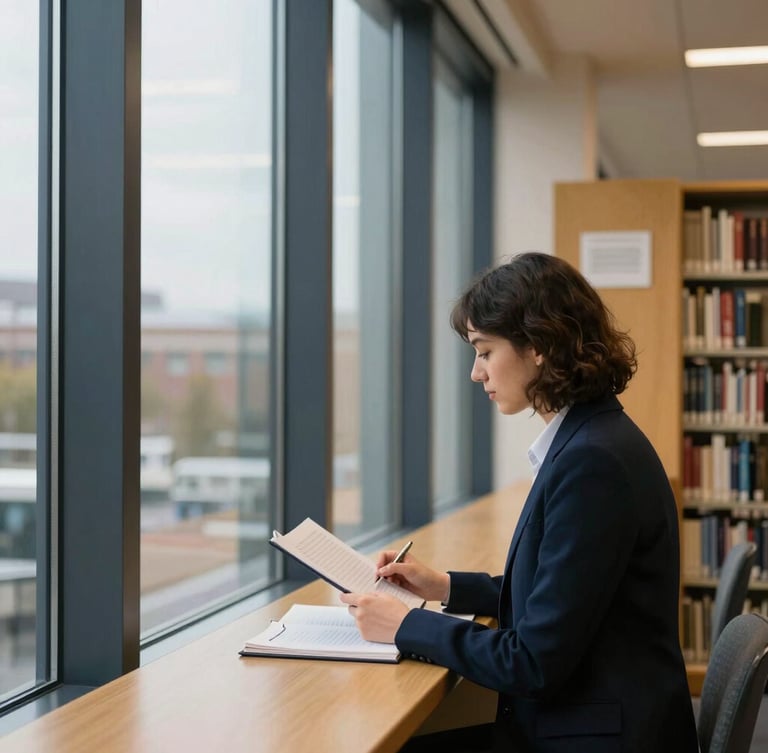 A professional studying in a modern university library, natural window light, deep navy and warm gold tones, sharp focus, 35mm
