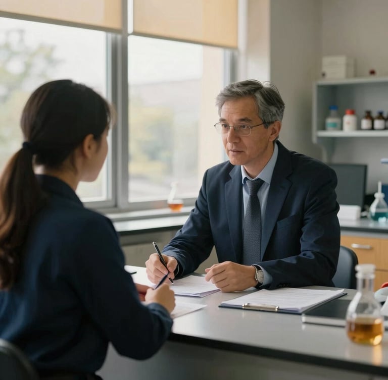 A professor in a modern research lab discussing data with a student, soft natural window light, deep navy tones, professional setting, 35mm.