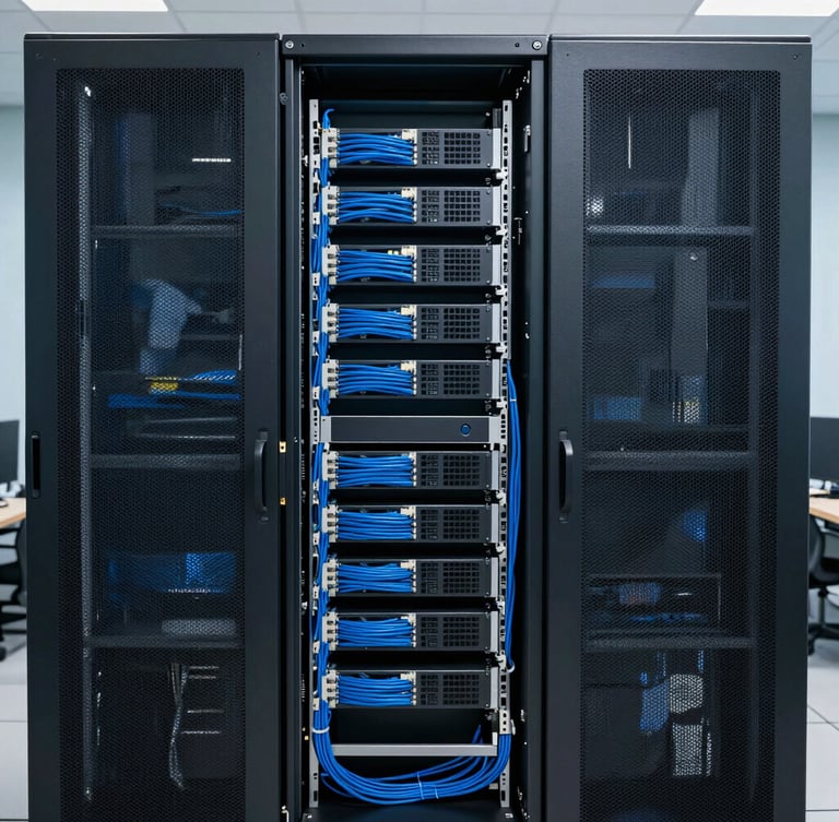 Straight-on shot of an enterprise server room rack with neat blue cabling, cool crisp office lighting, professional tech environment, sharp focus, 35mm