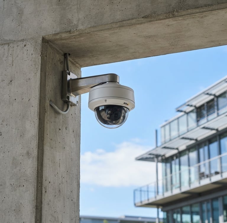 A crisp daylight shot of a modern dome IP security camera mounted on a clean concrete architectural beam, blue sky in the background, professional tech environment.