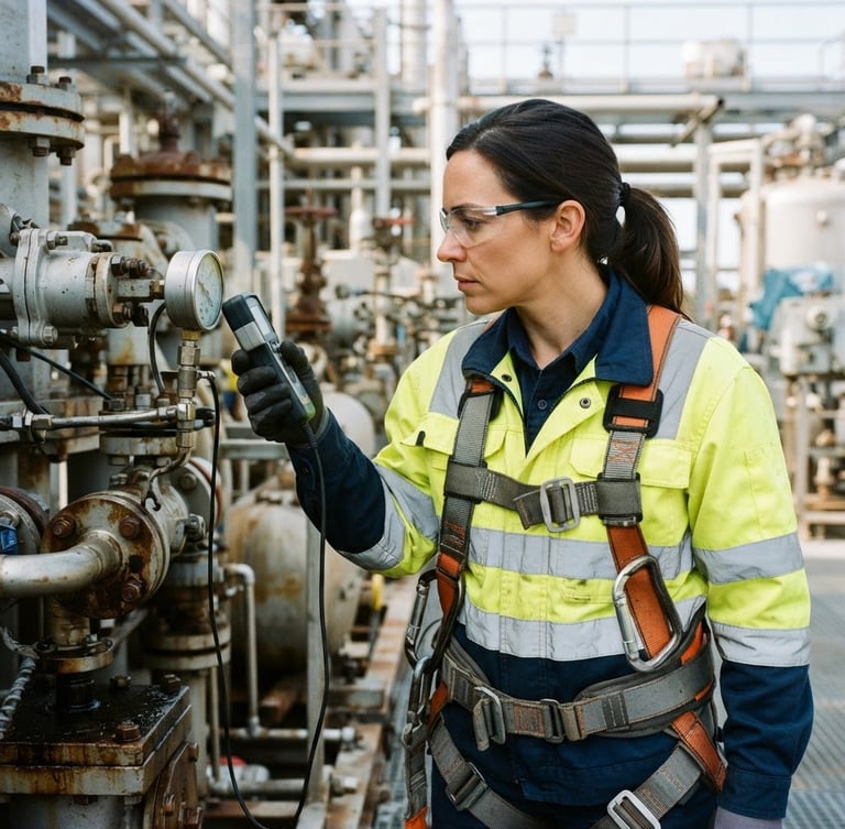 Close-up of a professional wearing a high-visibility yellow jacket and safety harness, inspecting industrial equipment under clear bright daylight, sharp technical composition, 35mm.