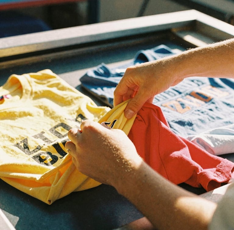 Close-up detail of hands sorting colorful t-shirts in a screen-printing workshop, warm natural light, dust particles in the air, 35mm style
