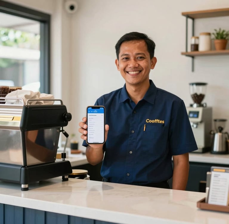 A warm photo of a local Indonesian coffee shop owner smiling behind the counter, holding a phone showing a digital transaction confirmation, natural daylight
