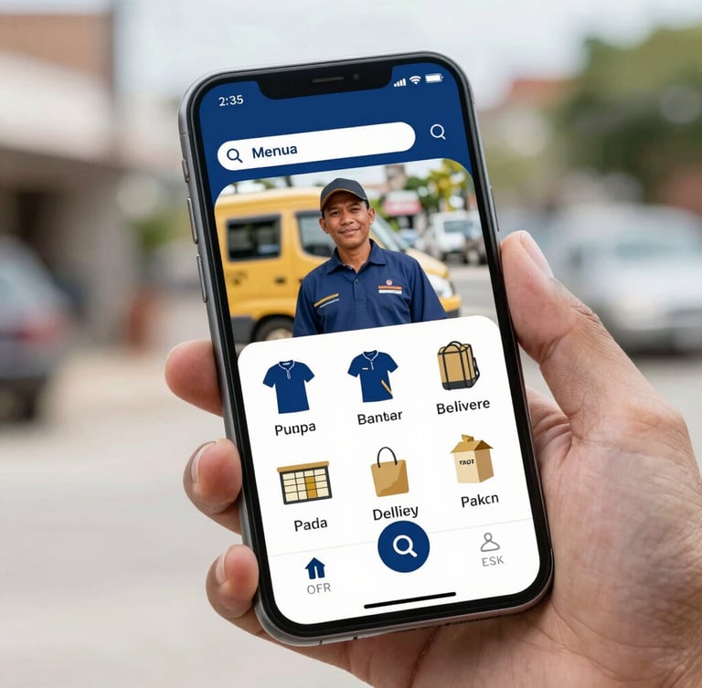 A close-up of a smartphone displaying a local delivery and trade application interface, held by a Papuan merchant in a bright outdoor setting, sharp focus