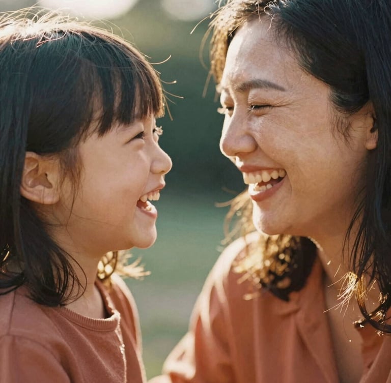 Intimate close-up of a mother and daughter laughing, warm sun-drenched backlight, shallow depth of field, authentic candid emotion, 35mm film look