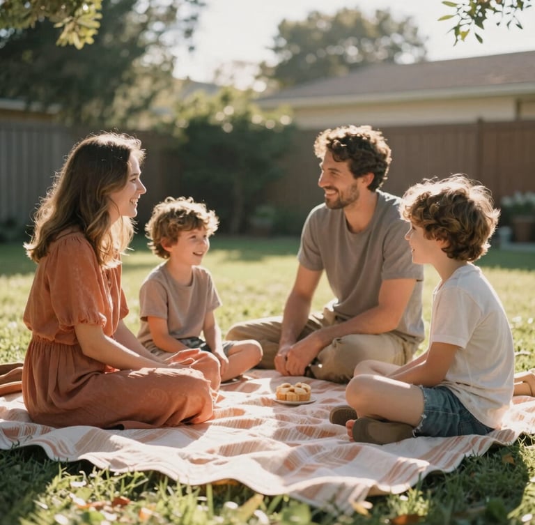 Warm sun-drenched backyard, a family laughing together on a picnic blanket, natural candid interactions, 35mm film look