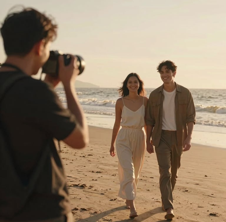 Candid behind-the-scenes of a photographer smiling while capturing a couple walking hand-in-hand on a beach, warm golden hour sun, cinematic look