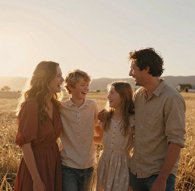 Warm cinematic portrait of a family laughing together in a golden California field, backlit by warm sun flares, 35mm film style.