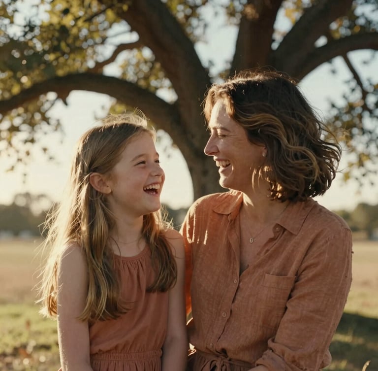 Candid medium shot of a mother and daughter laughing under a warm sun-drenched oak tree, soft golden light, authentic interactions.