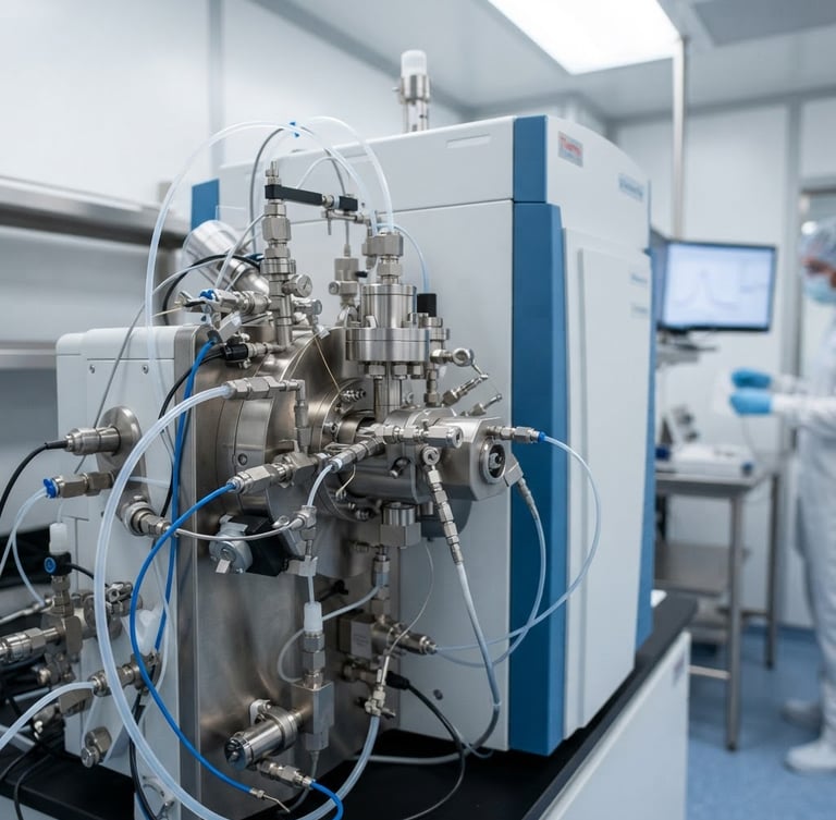 Close-up of a high-resolution mass spectrometer in a sterile clean room, clinical lighting, crisp macro details, professional 35mm lens