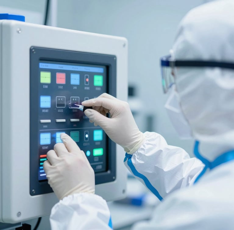 Close-up of a scientist in sterile PPE adjusting parameters on a bioreactor control panel, blue and green light reflections, clinical pharmaceutical photography, bright clean-room lighting, sterile white and deep blue tones, crisp macro details, professional 35mm lens