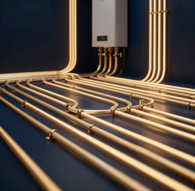 Wide architectural view of a high-end boiler installation, glowing radiant heating manifolds, clean geometric lines, dramatic lighting, 35mm