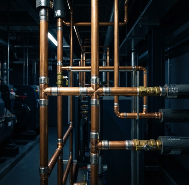 Macro close-up of pristine, perfectly aligned copper pipework with clean silver solder joints in a high-end mechanical room, dramatic architectural lighting