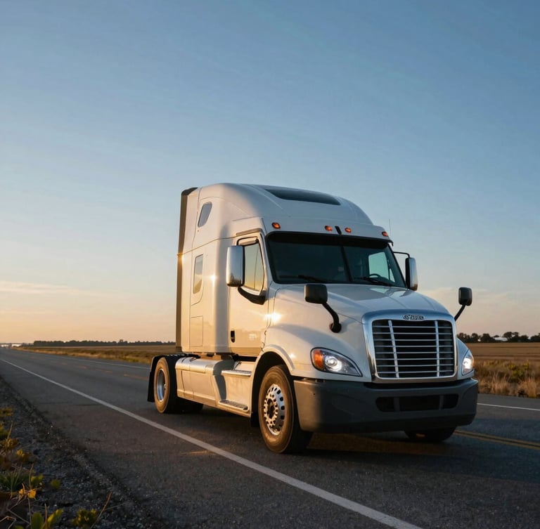 Low-angle heroic shot of a clean semi-truck cab on an open American highway during golden hour, sun glinting off chrome, wide expansive horizon