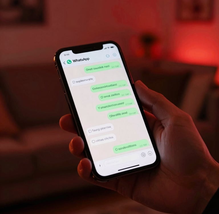 A close-up of a hand holding a modern smartphone displaying a WhatsApp chat with a support agent, warm ambient lighting, cozy living room background
