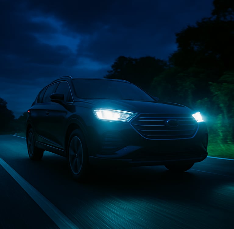 Dynamic low-angle shot of a modern SUV driving on a regional road in Pará at twilight, high-contrast dramatic lighting with glowing headlights, deep blue and vibrant green accents, sharp focus, 35mm