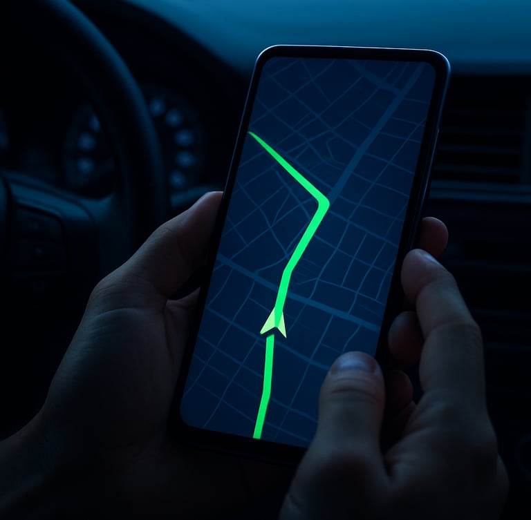 Close-up of hands holding a smartphone inside a vehicle, displaying a precise GPS tracking map with a green signal route, high-contrast twilight lighting, 35mm