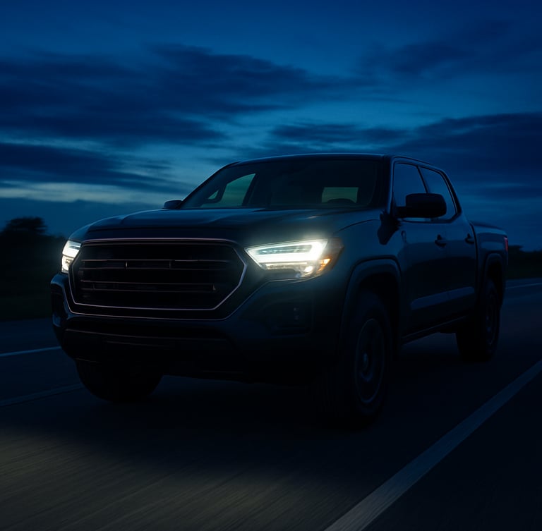 Dynamic low-angle shot of a modern pickup truck driving on a paved highway in Pará at twilight, glowing headlights, deep blue sky, vibrant green dashboard reflection, sharp focus, 35mm