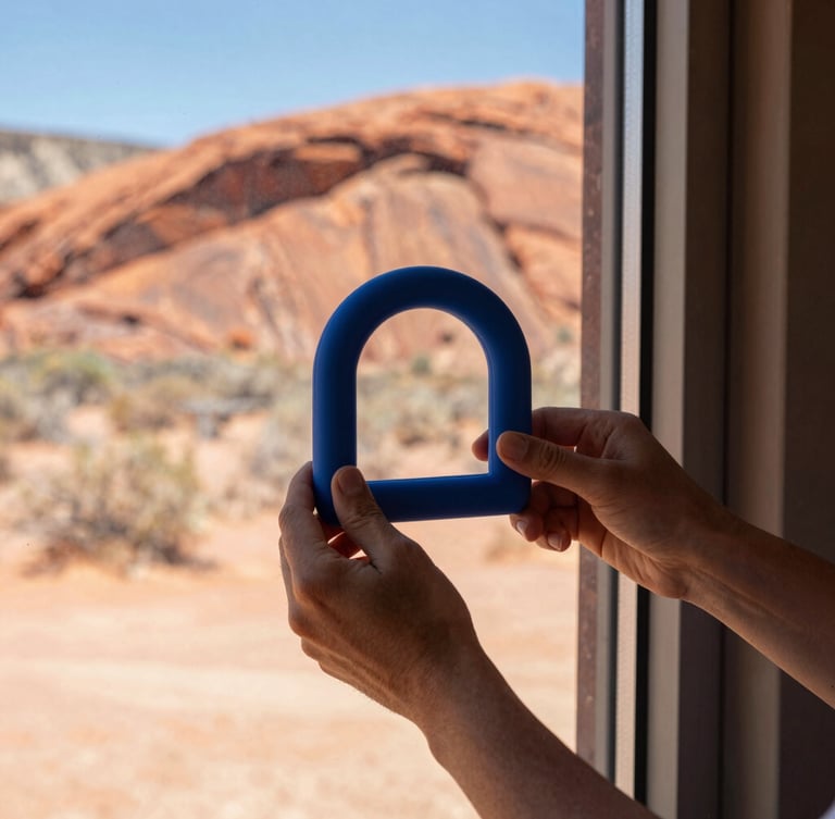 Portrait orientation of hands assembling a cleverly designed home accessory, with a glimpse of red rock landscape through a window, bright high-desert sunlight, sharp shadows, 35mm.