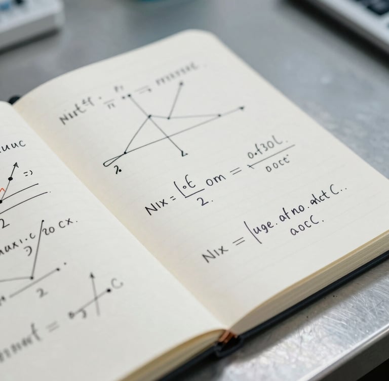 Macro close-up of a notebook open on a steel table, technical economic models and equations hand-drawn in black ink, cool indoor lab lighting, sharp focus, high contrast