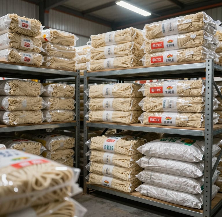 Wide-angle clean commercial food photography, bulk boxes and industrial sacks of noodles stacked neatly on steel racks, bright daylight warehouse lighting.