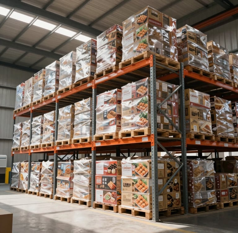 Wide-angle industrial warehouse interior, tall steel racks loaded with neatly organized wholesale pallets of Asian food imports, bright clean daylight, professional logistics setting.
