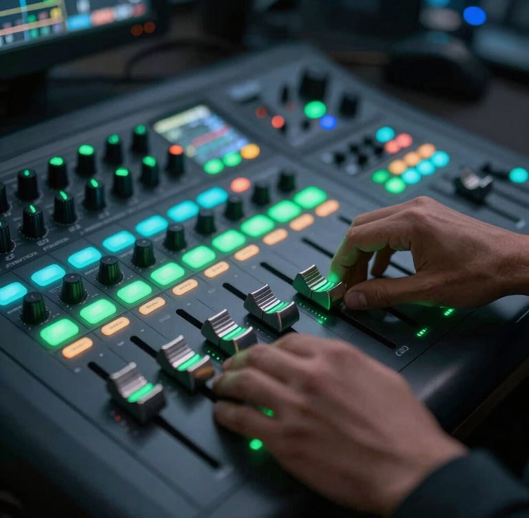 Moody tech photography of a professional video switcher console, hands adjusting faders, glowing neon green and cyan button indicators, shallow depth of field, 35mm