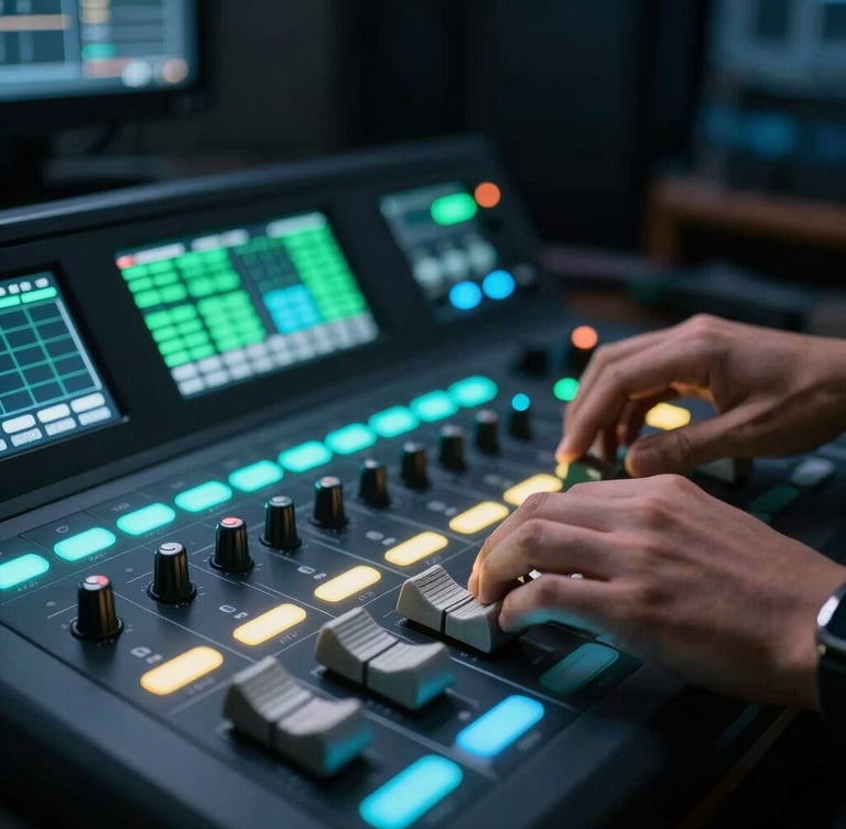 Close-up of hands operating a professional video switcher in a dark production control room, vibrant cyan and green neon tally lights, shallow depth of field