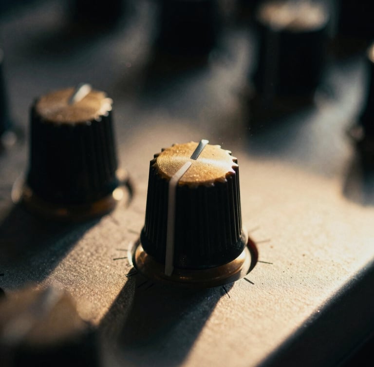Extreme close-up of an analog synthesizer knob caught in a single sharp beam of sulfur-gold light, deep shadows, dust motes floating in the dark air, cinematic film grain.