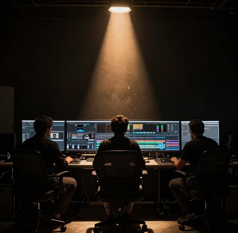 Wide panoramic 21:9 frame, heavily shadowed silhouette of an editing bay in a dark room, a single sulfur-gold light beam cutting through dust motes, extreme chiaroscuro lighting, deep true black shadows, no fill light.
