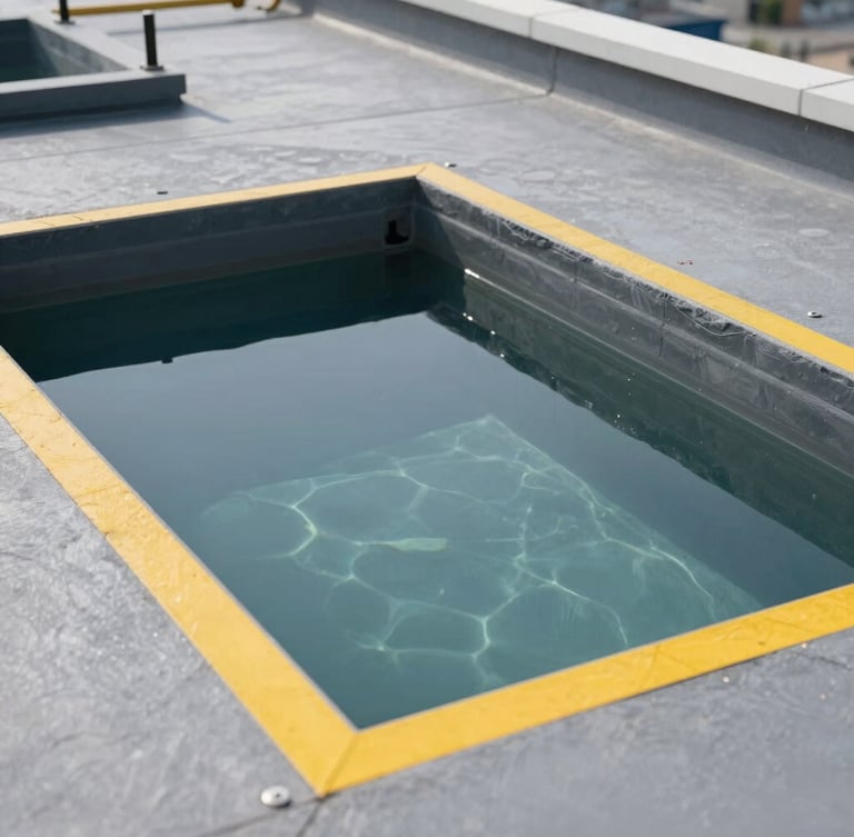 Close-up of a technical water ponding test on a grey industrial rooftop, clear water reflecting bright daylight, yellow safety markings, professional photography.