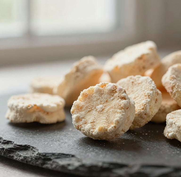 Macro close-up of raw-textured freeze-dried treats on a dark stone surface, soft window light, shallow depth of field