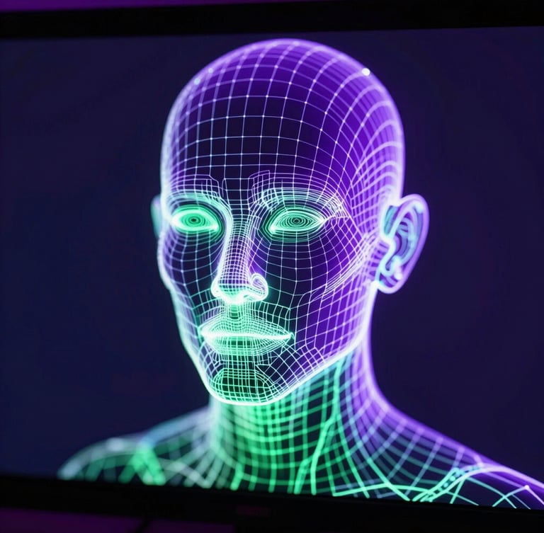 Extreme close-up of a glowing digital avatar wireframe, cyber-punk studio lighting, vibrant neon purple and green backlighting, sharp vector lines on a dark monitor screen