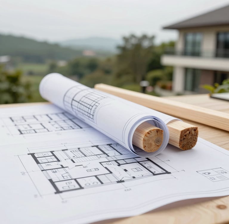 Close-up detail of architectural blueprints and raw timber on a modern resort site, natural overcast daylight, 35mm lens