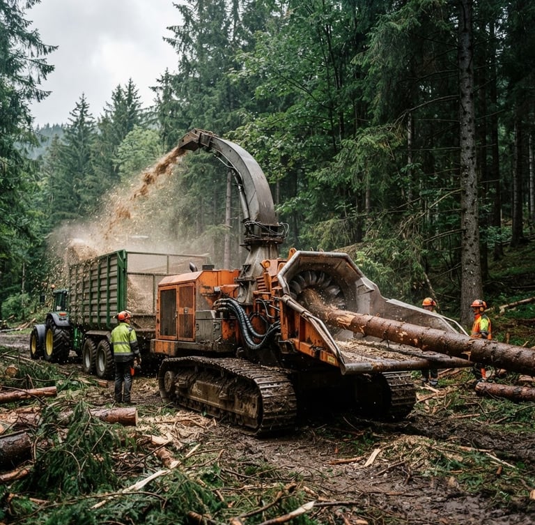 Heroic low-angle wide shot of a massive self-propelled Silvator wood chipper clearing a dense Bavarian forest, overcast daylight, deep greens and cold steel tones, 35mm
