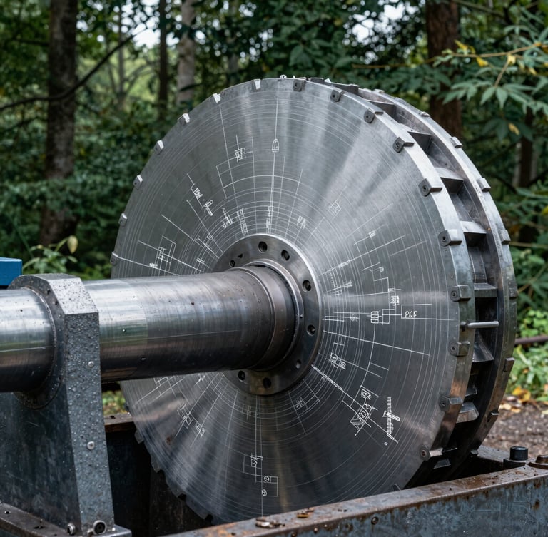 A technical CAD blueprint overlaying a heavy steel cutting drum, cold steel gray lines, high-contrast engineering schematic, precise mechanical detail, 35mm.
