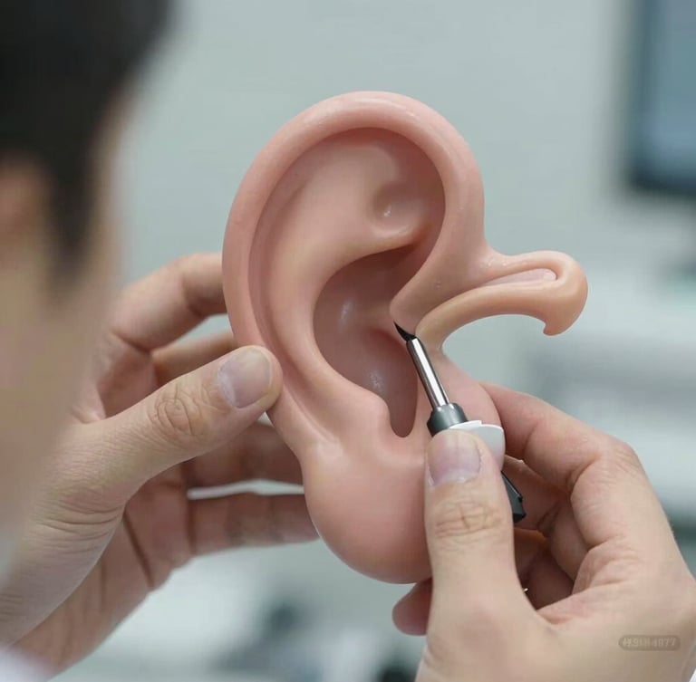 Close-up eye-level shot of a specialized otolaryngologist explaining a physical 3D model of the human inner ear, stable composition, soft lighting.