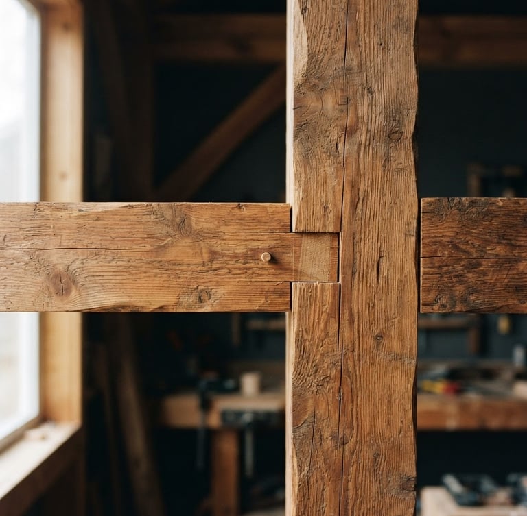 Close-up of a perfectly aligned mortise and tenon joint in warm cedar timber, sharp focus on wood grain, natural high-contrast window light, 35mm