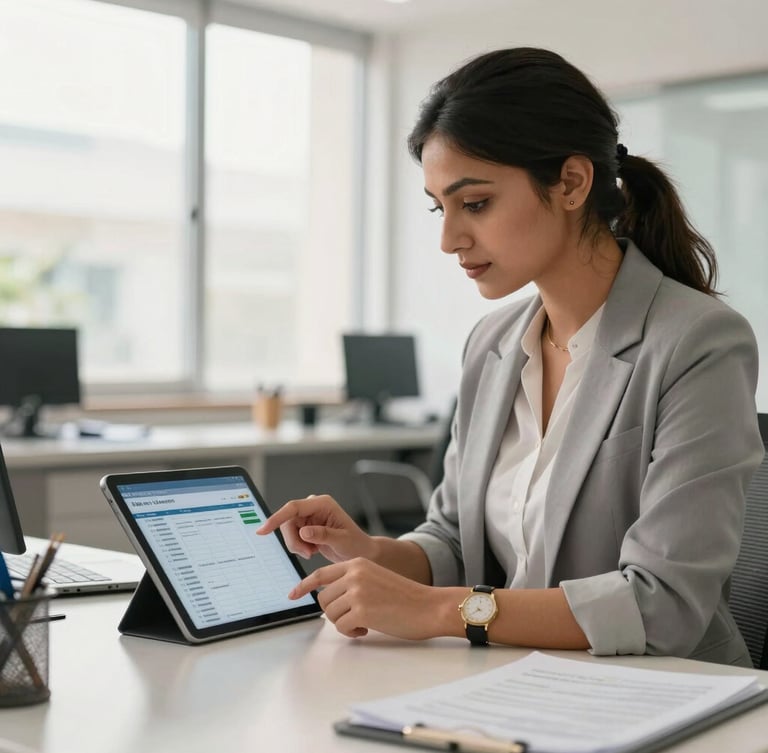 A bright, modern Pakistani administrative office with clean daylight, a professional coordinator reviewing digital job boards on a tablet, high-trust atmosphere