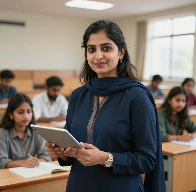 A professional Pakistani female lecturer standing confidently in front of a modern university lecture hall, holding a digital tablet, soft focus on students in the background, bright natural lighting.