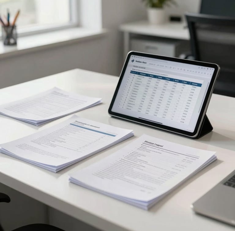Brightly lit modern administrative office in Islamabad, clean desk with official documents and a digital tablet showing structured database tables, natural daylight, professional environment.