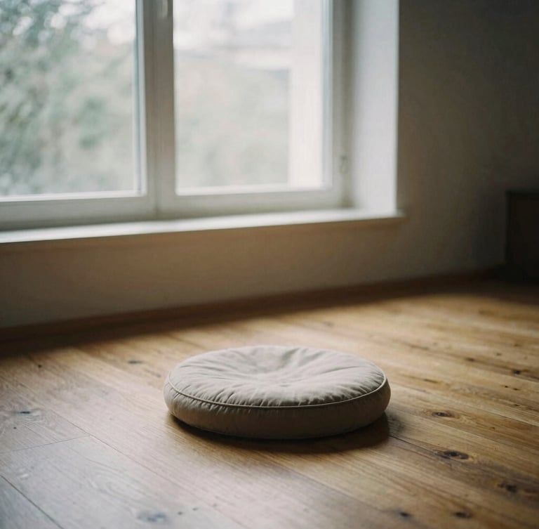 A quiet, empty meditation room in Bucharest, soft morning light filtering through a window, wooden floor, a single round zafu cushion, minimalist and peaceful, 35mm film.